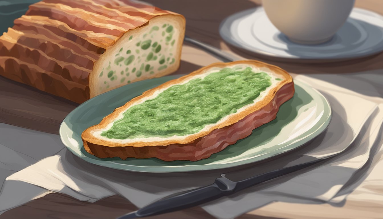 A slice of bacon covered in green and white mold, sitting on a plate next to a loaf of bread