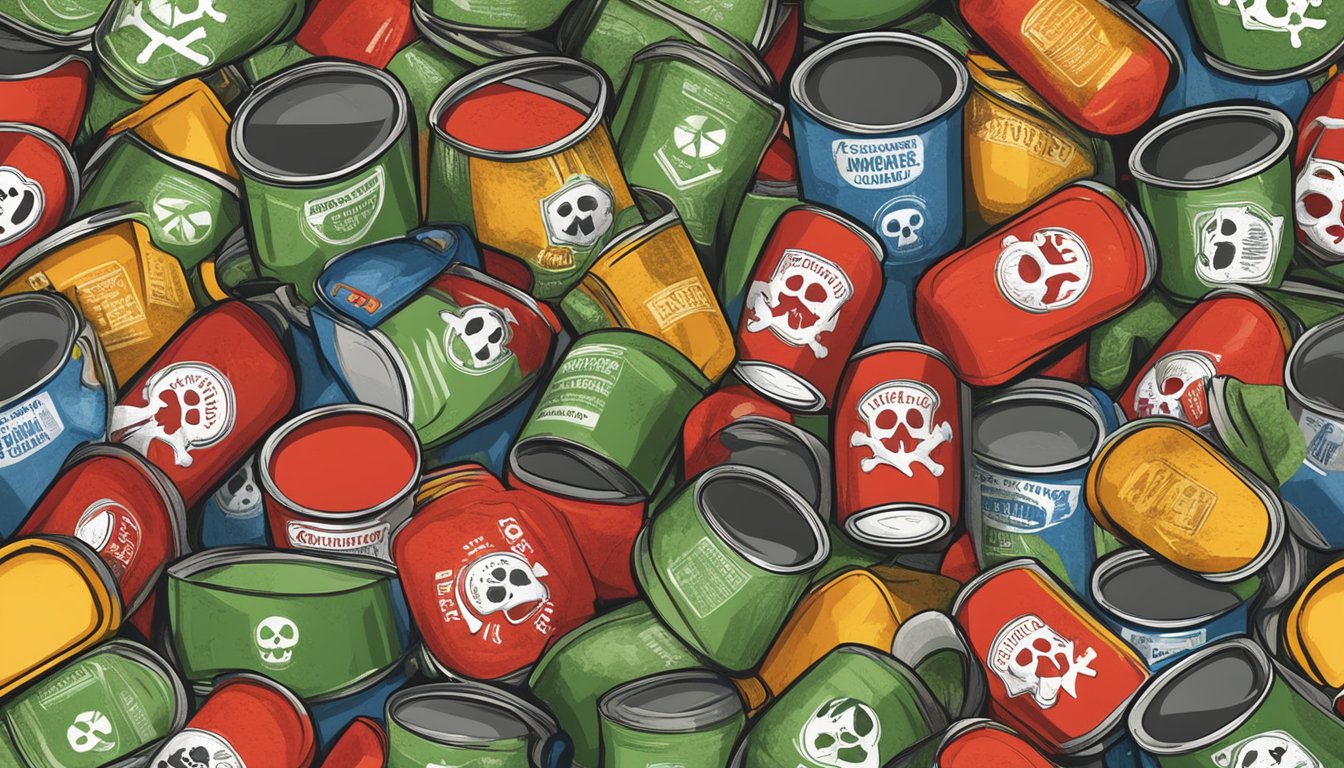 A pile of expired canned diced tomatoes surrounded by warning signs and a skull and crossbones symbol