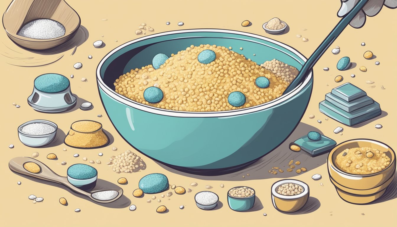 A bowl of semolina surrounded by various allergen icons and a person hesitantly reaching for a spoon