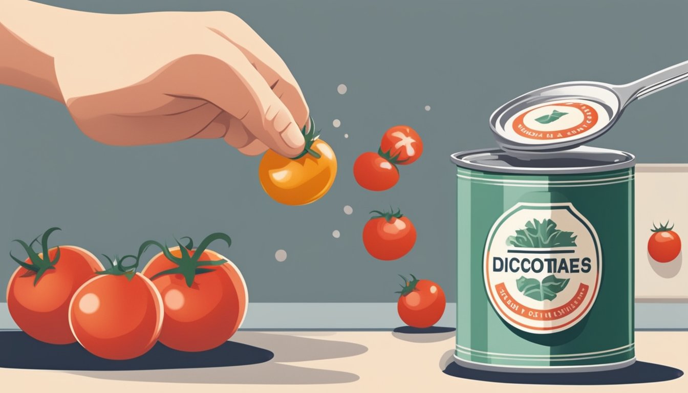 A hand reaching for a can of diced tomatoes, inspecting the expiration date closely with a concerned expression