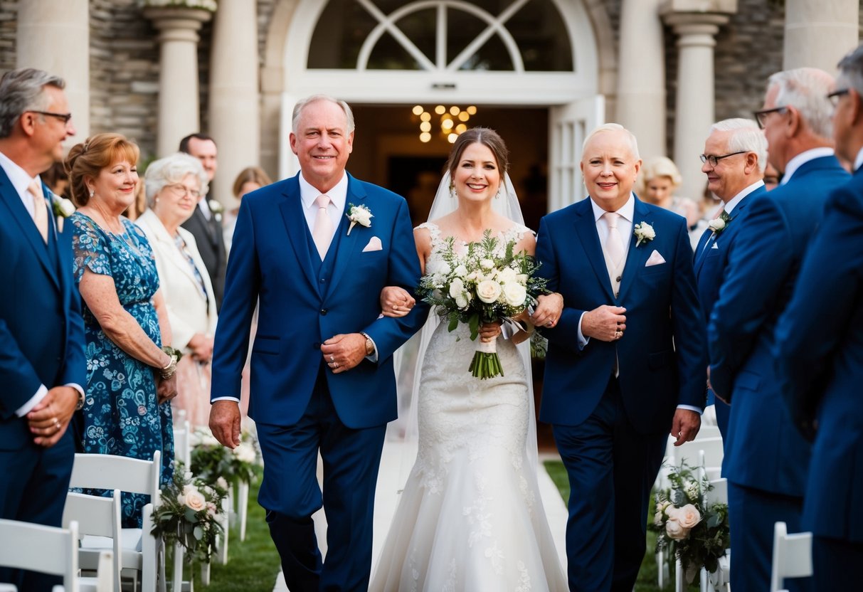 The father of the groom walks down the aisle with a close family member or friend