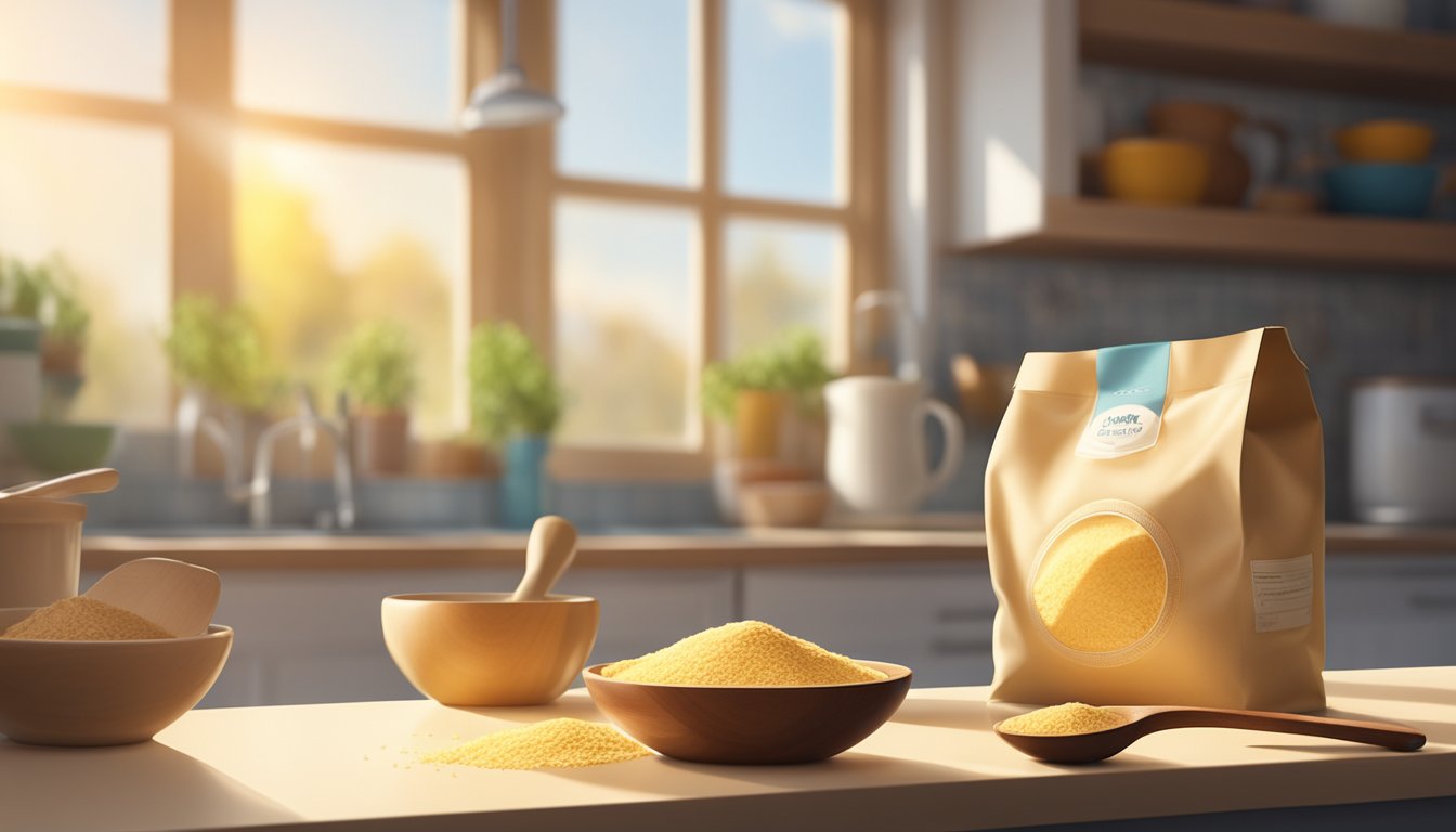 A bag of semolina sits on a clean kitchen counter, next to a wooden spoon and a measuring cup. Sunlight streams in through the window, casting a warm glow over the scene