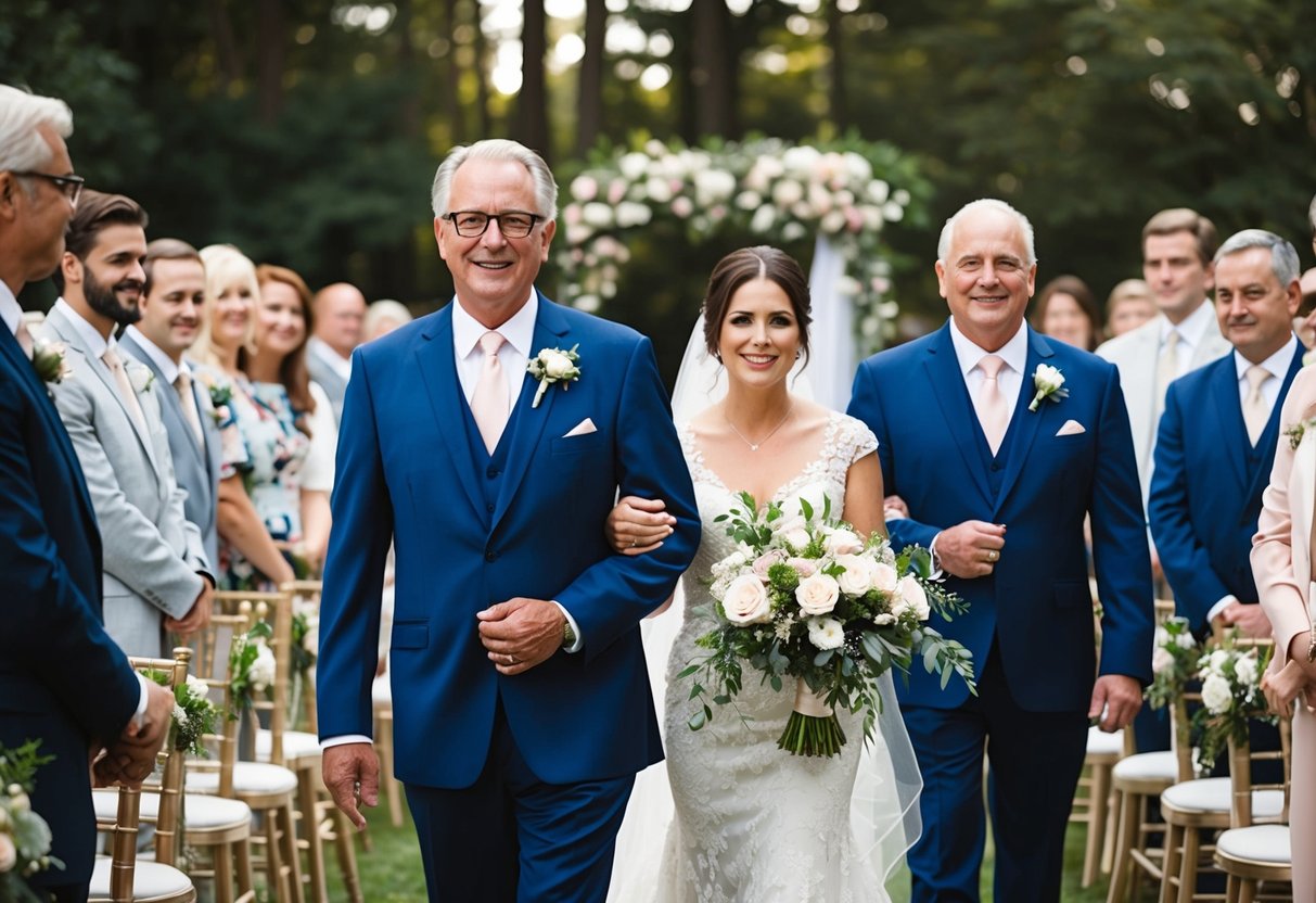 The father of the groom walks down the aisle with a close family member or friend
