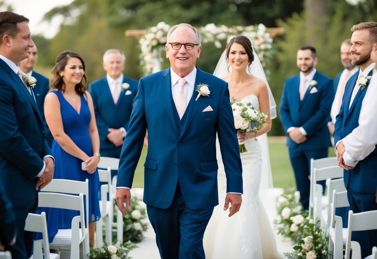 The father of the groom walks down the aisle with a sense of pride and purpose, symbolizing the support and tradition of the groom's family