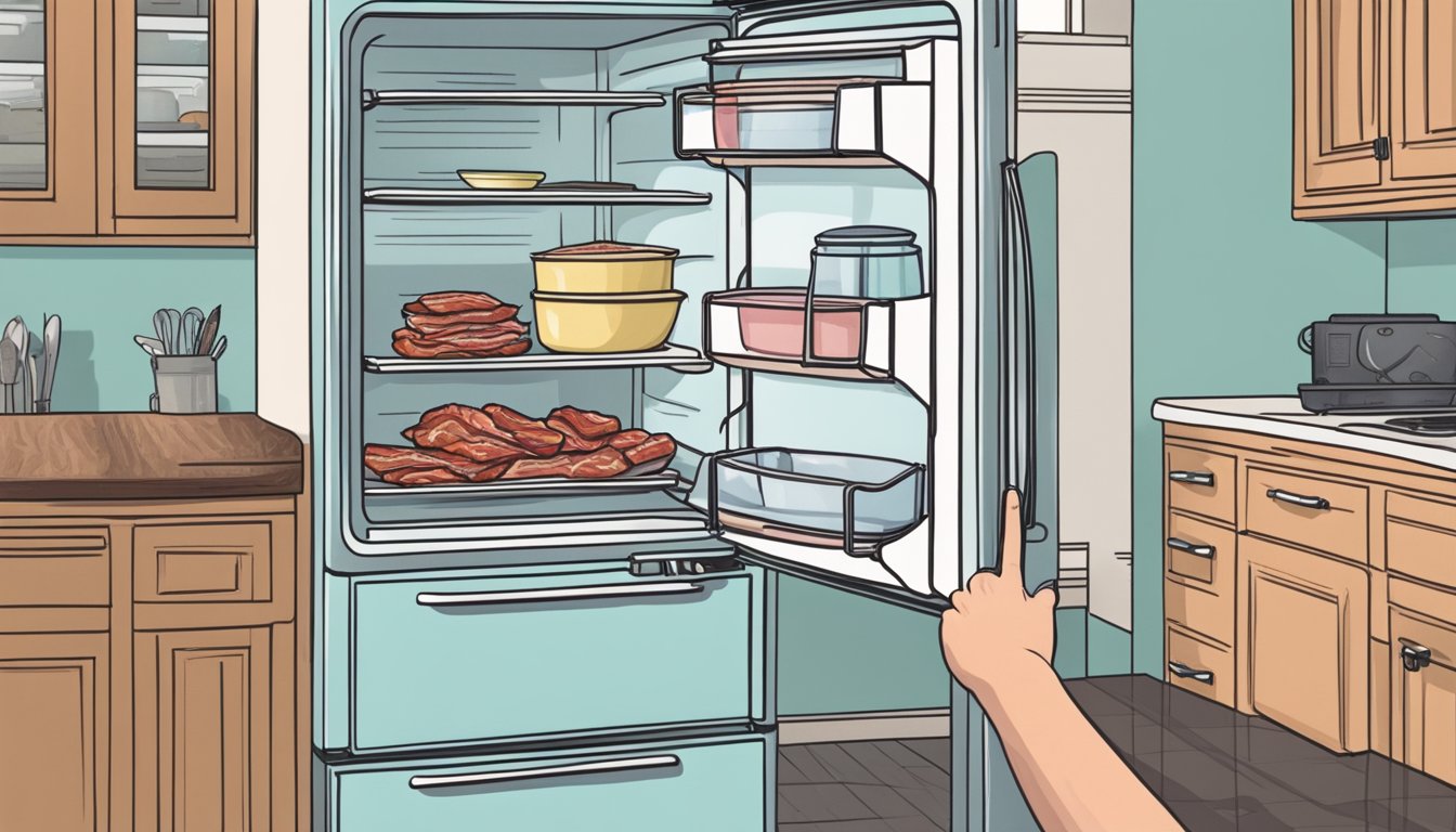 A kitchen scene with a sealed container of bacon in a refrigerator, and a hand reaching for it cautiously