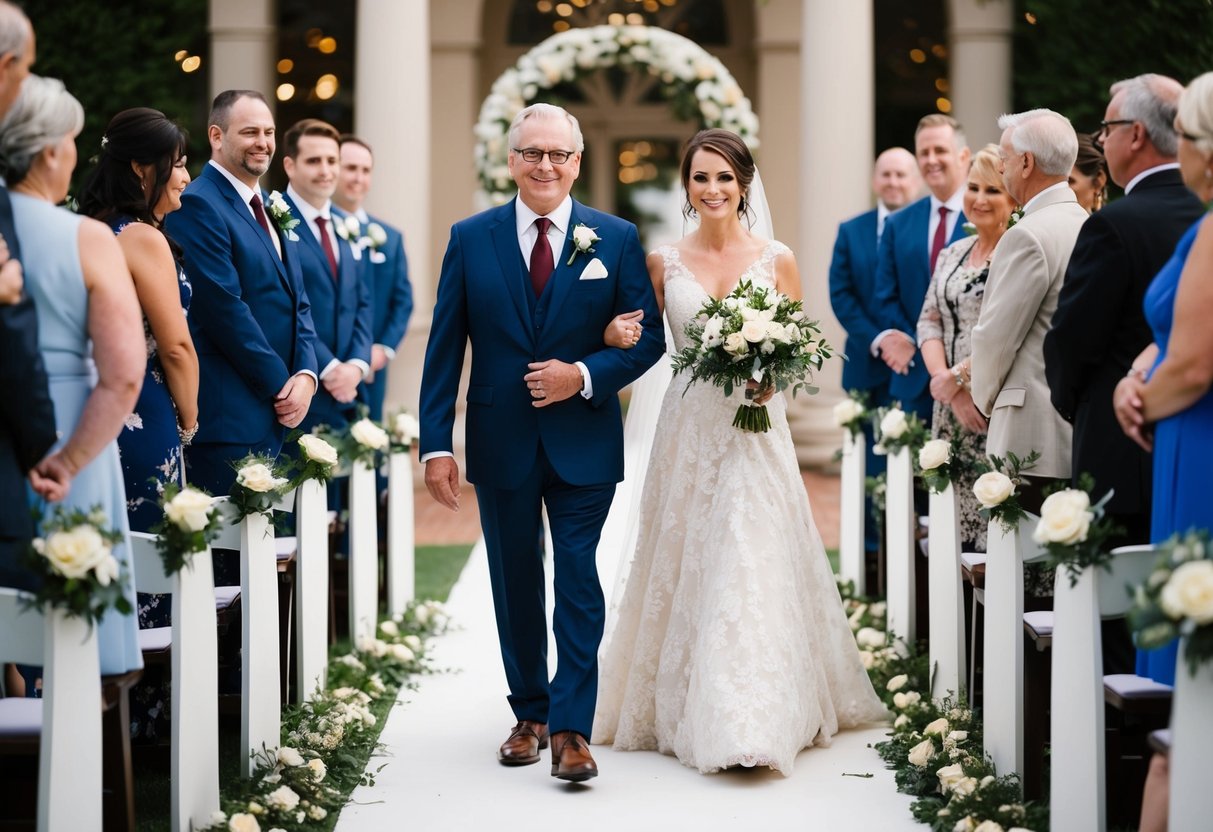 The father of the groom walks down the aisle with the mother of the groom