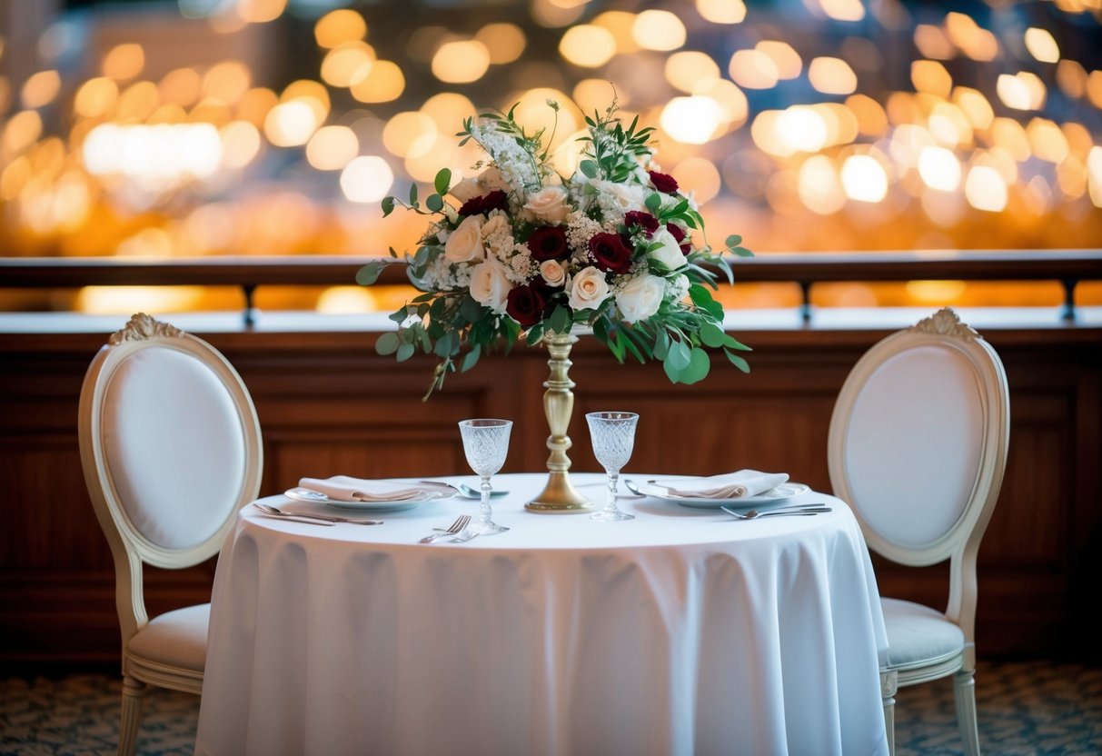 A beautifully decorated sweetheart table with two elegant chairs and a floral centerpiece
