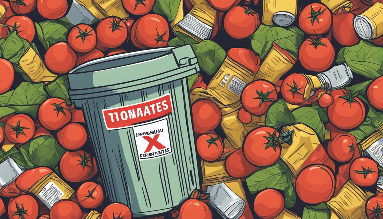 A pile of expired diced tomatoes next to a trash can, with a red "X" marked over the expiration date on the can