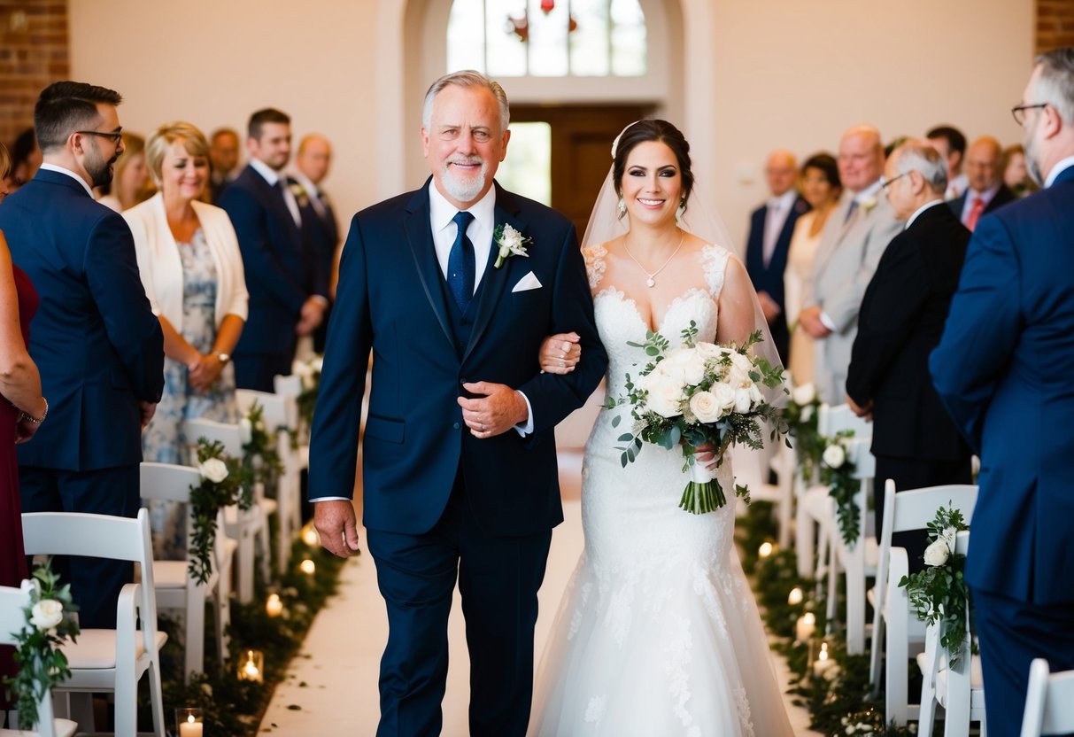The father of the groom walks down the aisle with the mother of the bride