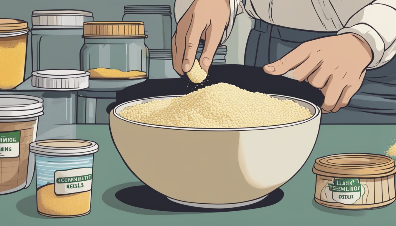 A bowl of semolina overflowing onto a table, surrounded by empty containers and a concerned person reading a label