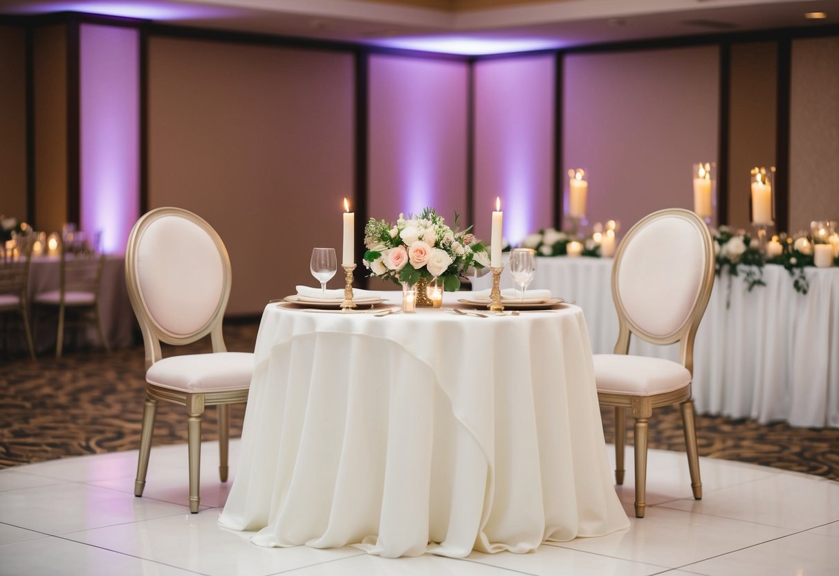 A beautifully decorated sweetheart table with two elegant chairs, adorned with flowers and candles, set apart from the rest of the reception area