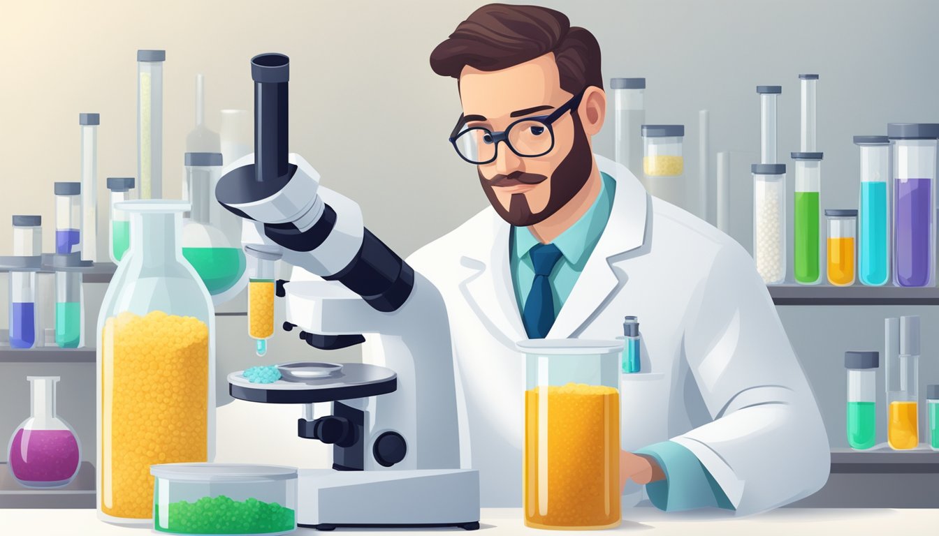 A scientist in a white lab coat examines a bowl of semolina under a microscope, surrounded by beakers and test tubes