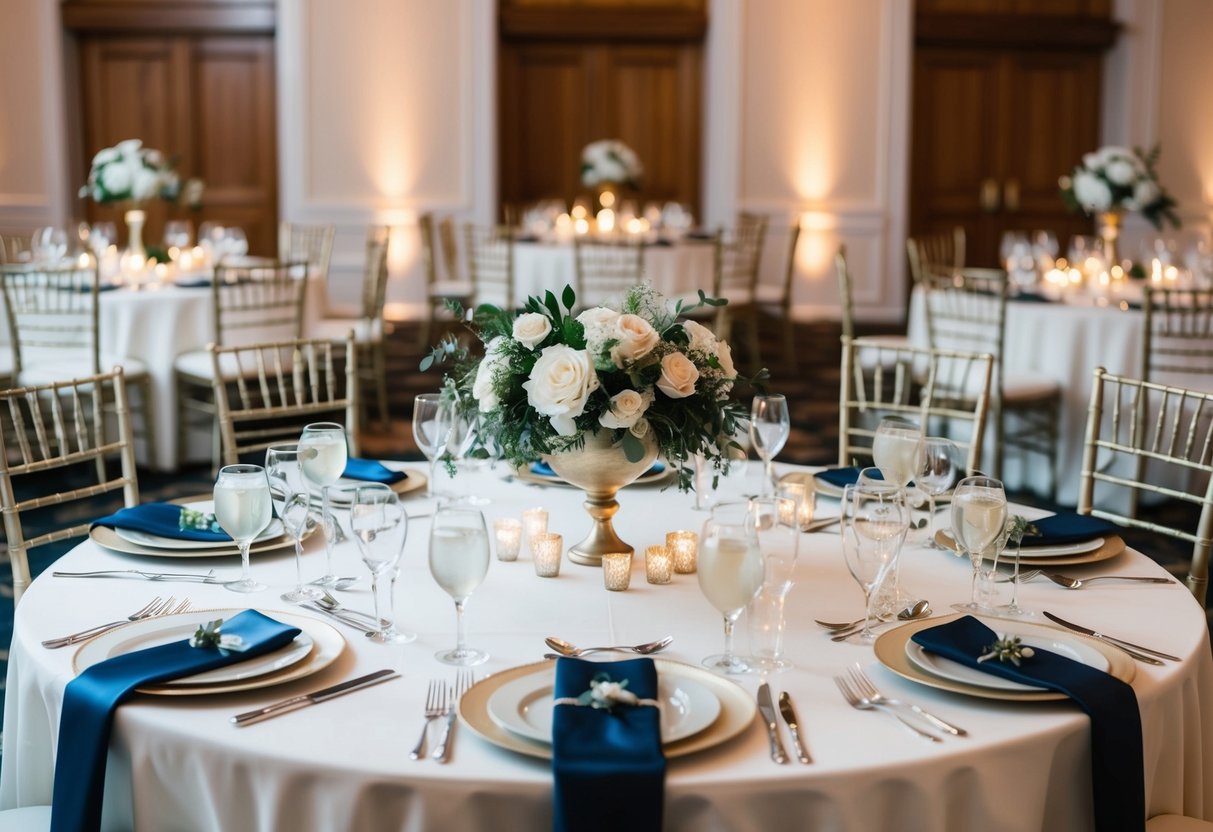 A beautifully set reception table at a wedding with elegant place settings, floral centerpieces, and decorative chairs arranged in a symmetrical layout