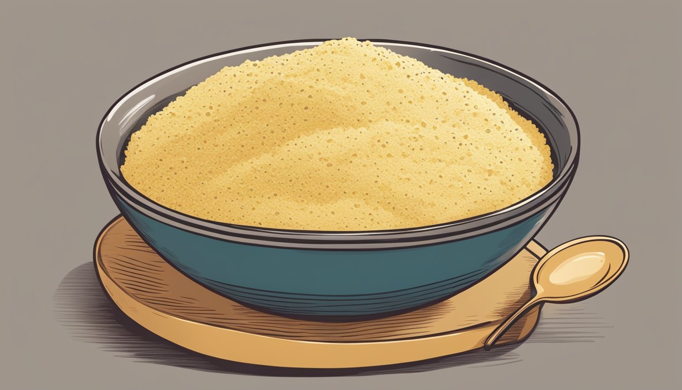 A bowl of cooked semolina with a spoon resting beside it. A smiling person looking at the bowl with confidence