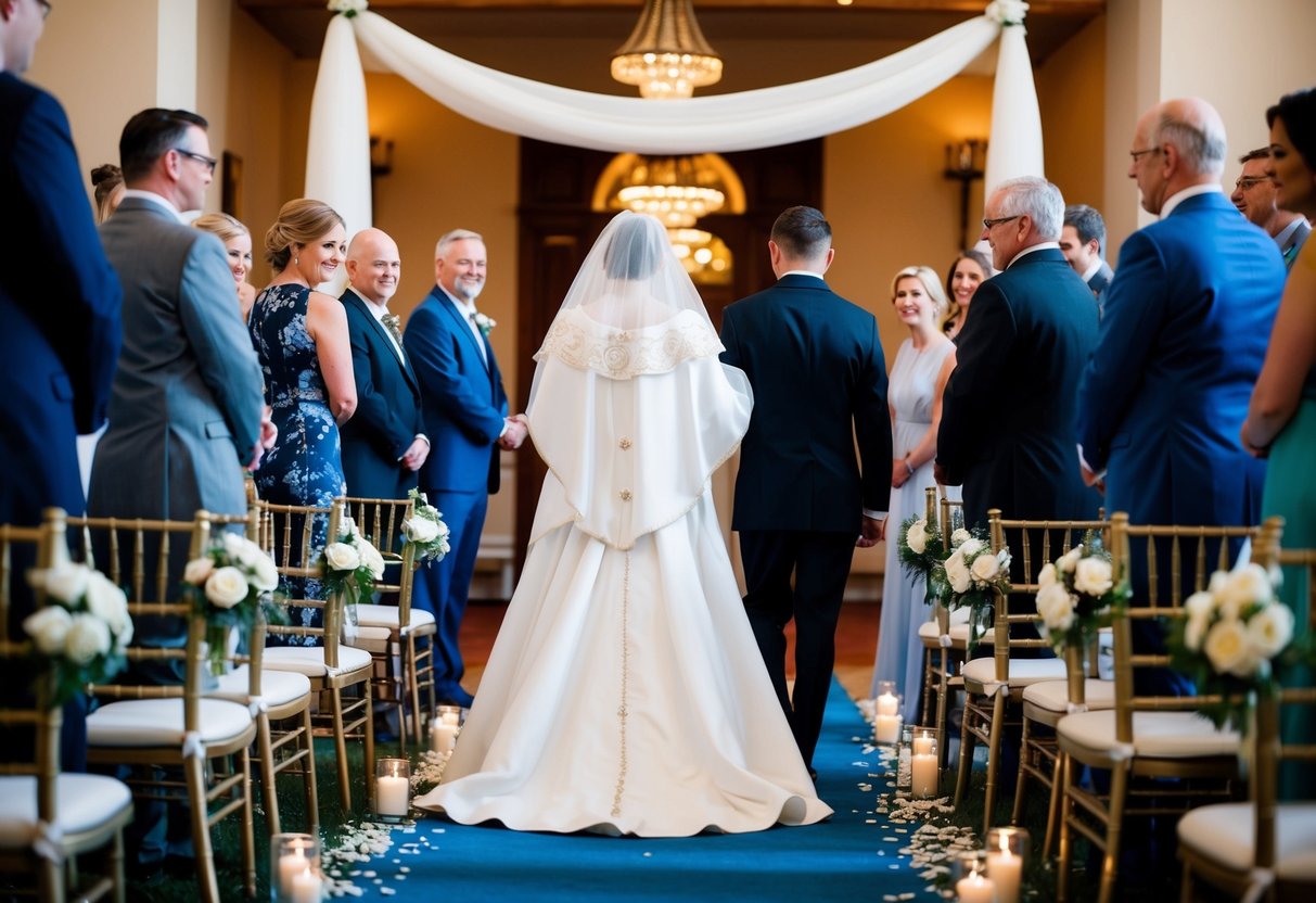 A figure leading the bride down the aisle, surrounded by traditional wedding decor and attendees