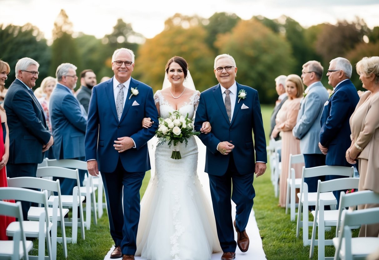 Both parents walk side by side, guiding the bride down the aisle with pride and love