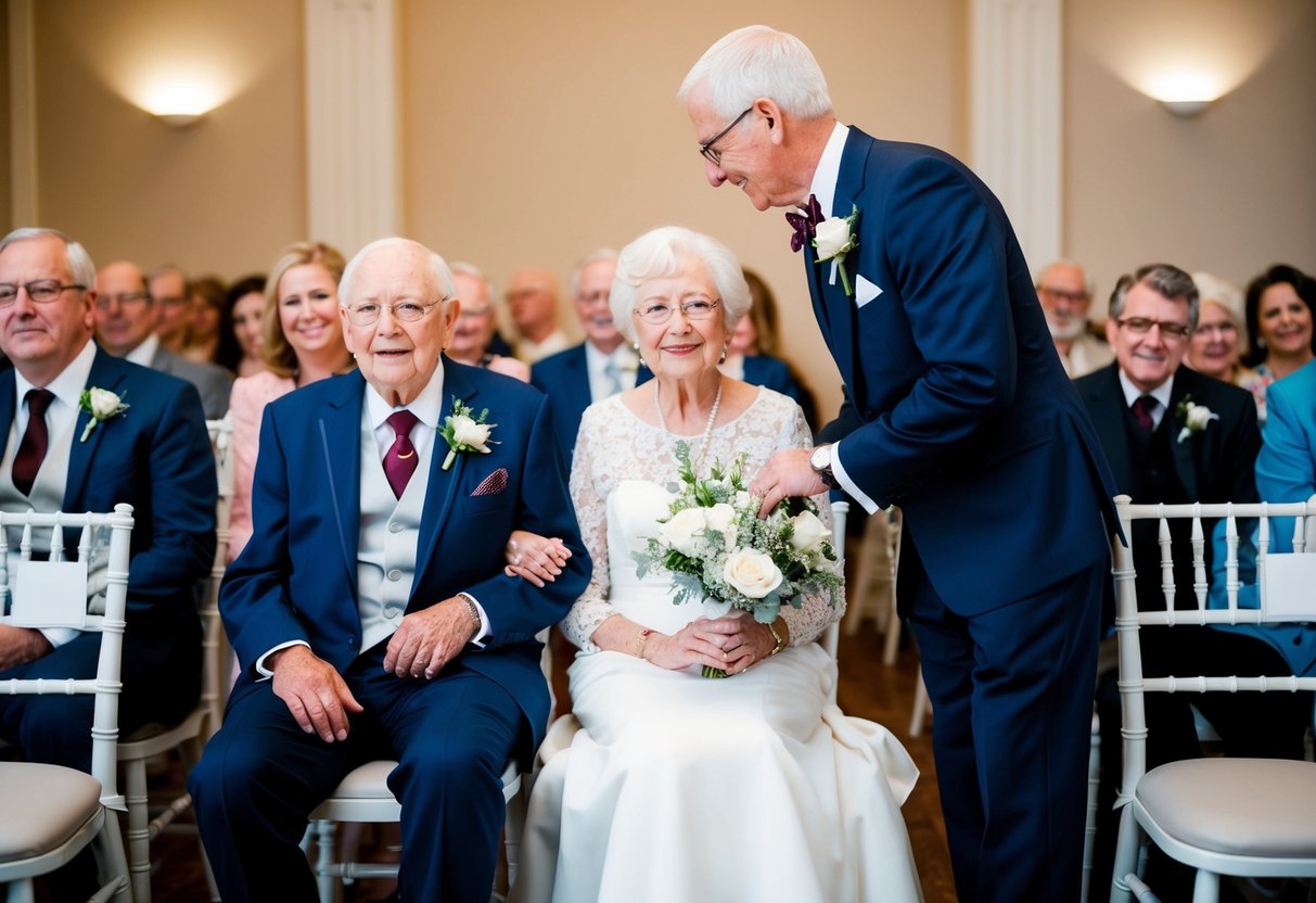The elderly couple is seated first at the wedding, guided by a helpful usher to their designated chairs in the front row