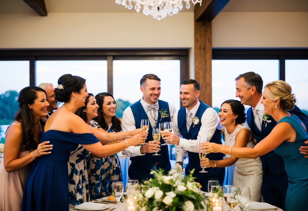 Family and friends gather around the bride and groom at the reception, sharing laughter and toasting to their happiness