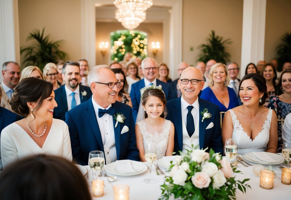 A family is seated first at a wedding, surrounded by joyful guests and elegant decor