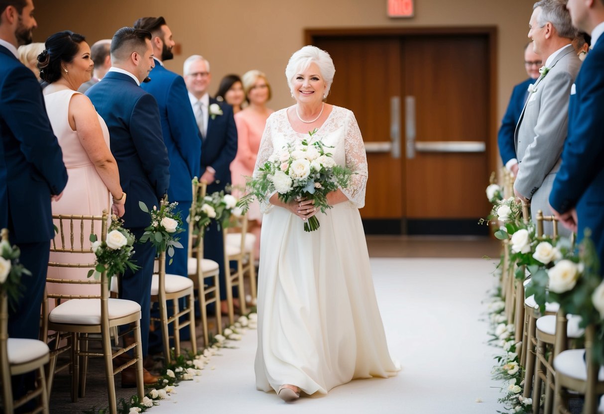 The groom's mother walks gracefully down the aisle, her presence radiating warmth and pride
