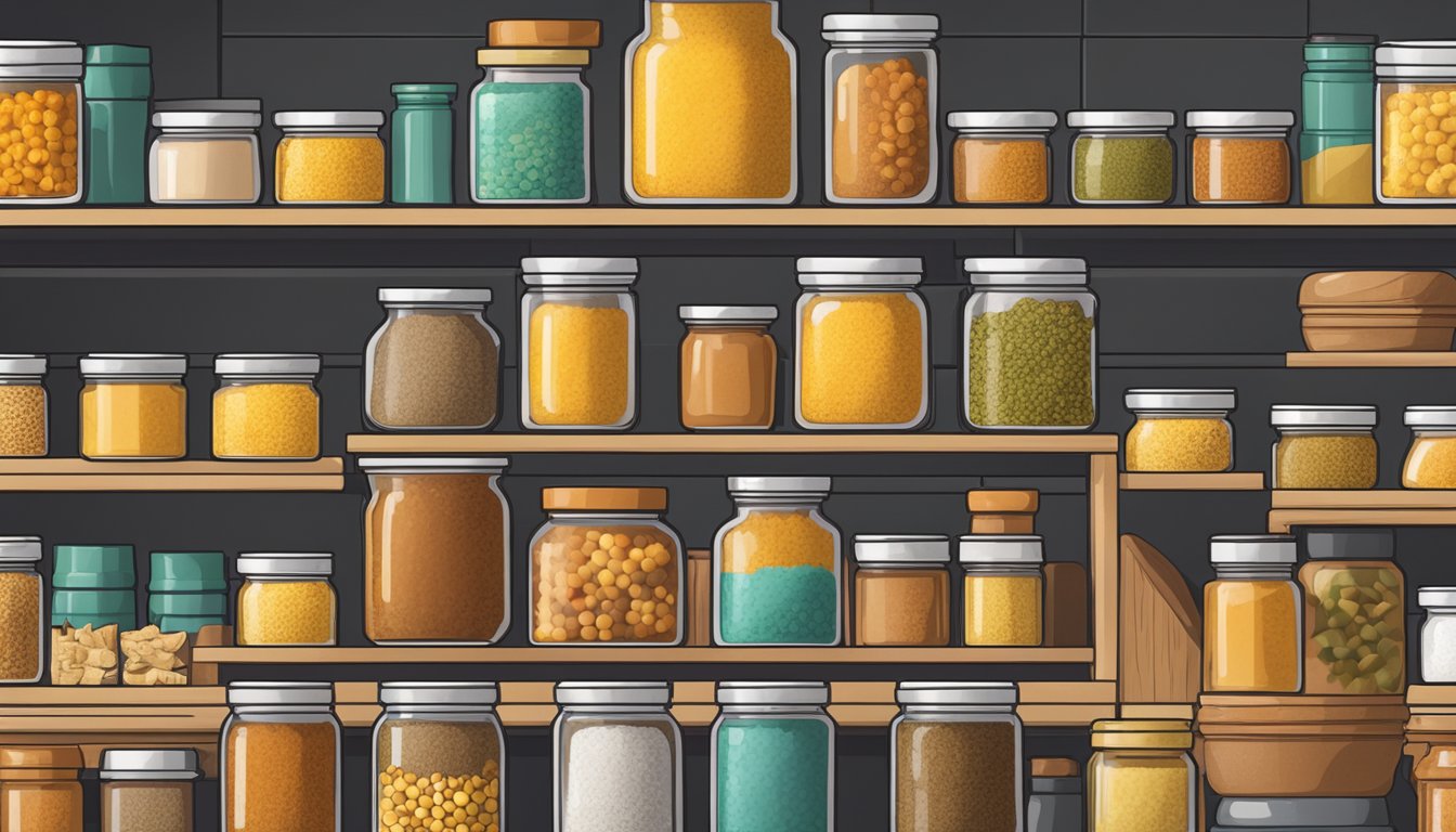 A jar of expired curry powder on a kitchen shelf, surrounded by various spices and condiments