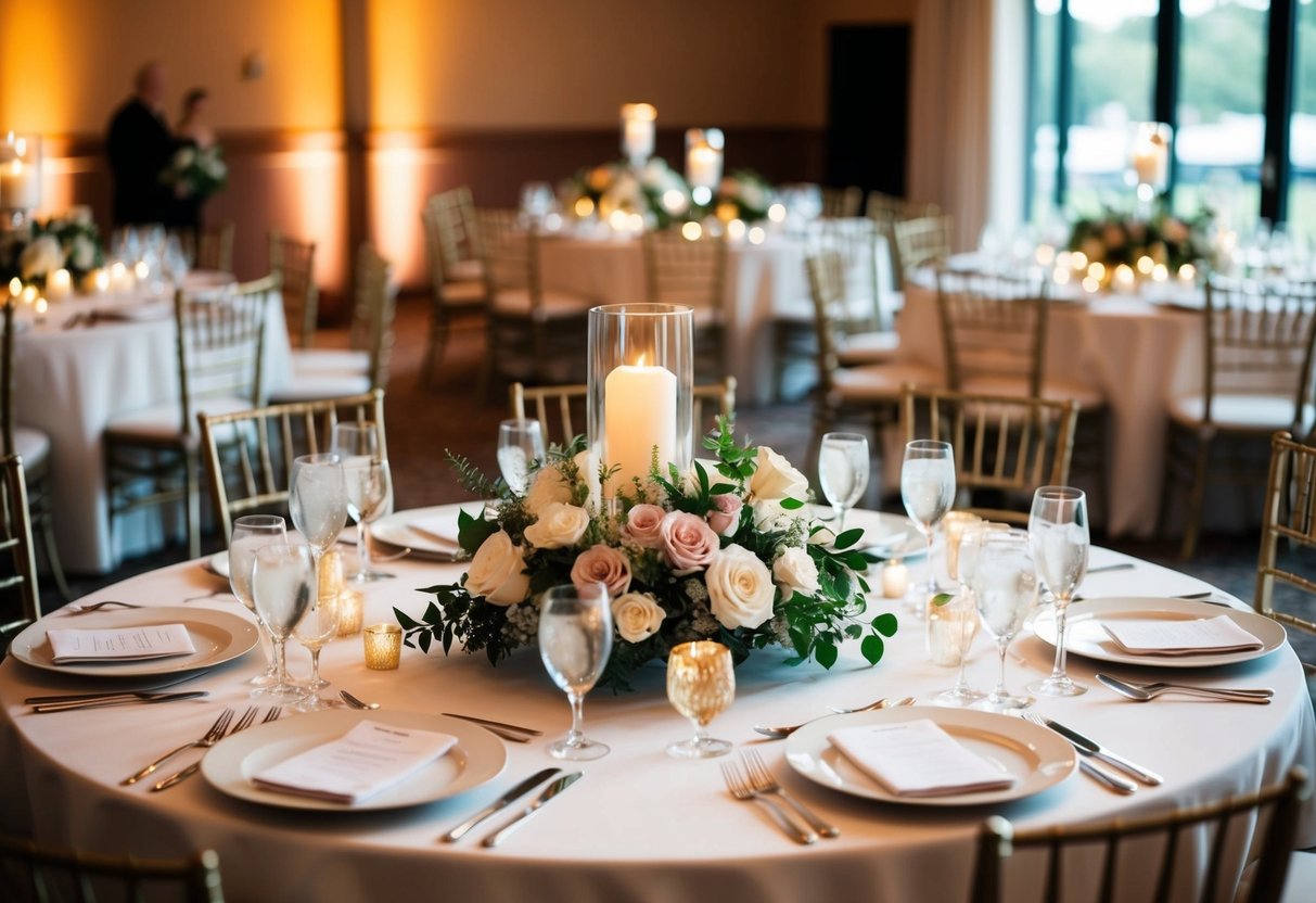 A round reception table with elegant place settings for the bride and groom, surrounded by floral centerpieces and glowing candlelight