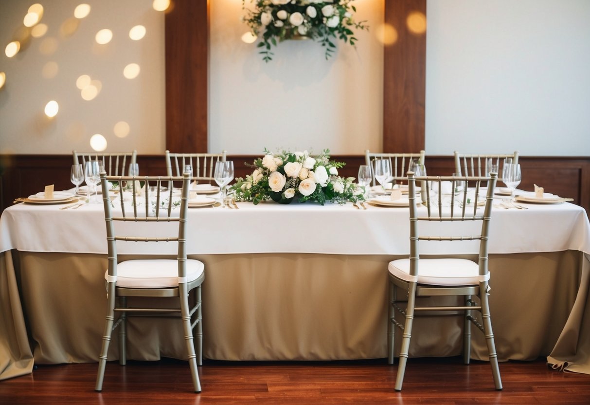 A beautifully decorated head table with two empty chairs reserved for special guests