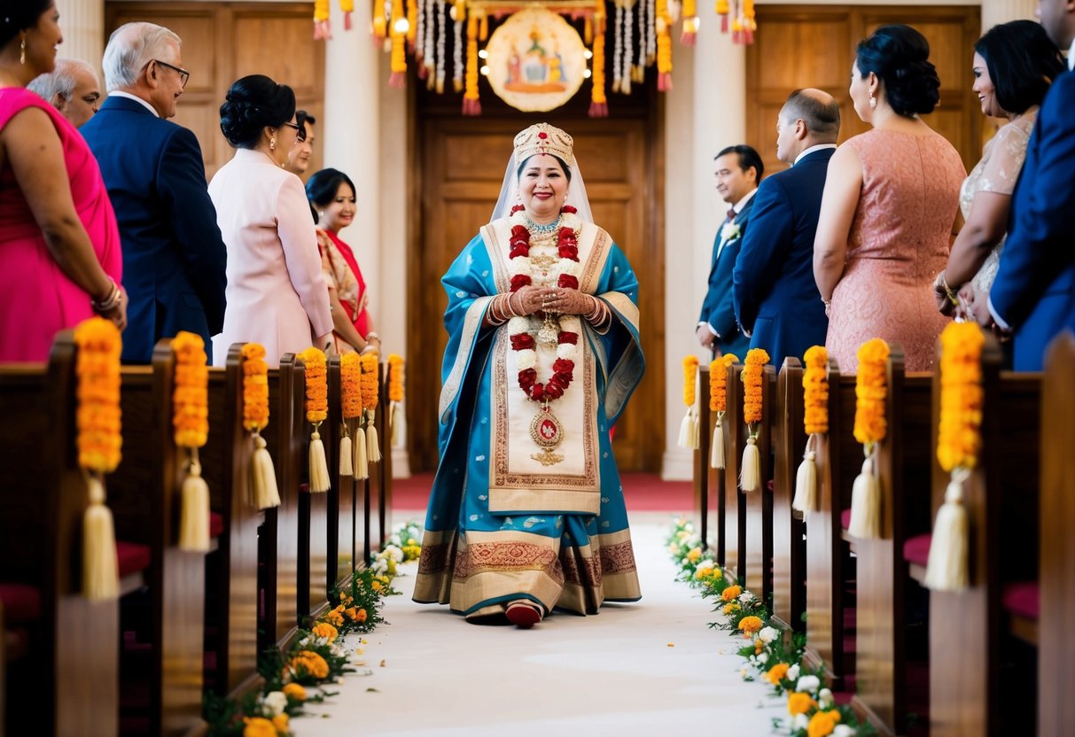 A bride's mother walks down the aisle, adorned in traditional cultural and religious attire, surrounded by symbolic decorations and symbols