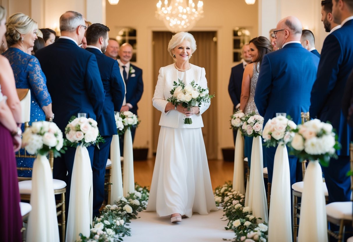 The groom's mother walks gracefully down the aisle, surrounded by elegant decor and floral arrangements