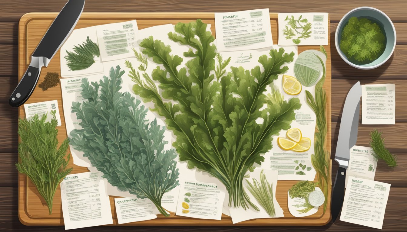 A variety of seaweed types arranged on a wooden cutting board with a knife, surrounded by nutritional information labels and scientific research papers