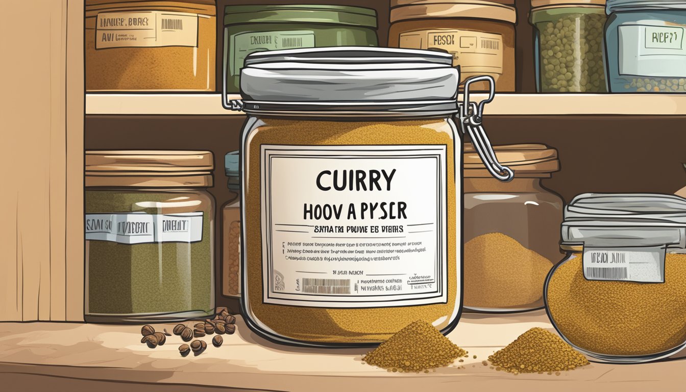 A jar of curry powder sits on a shelf, surrounded by other spices. The label shows the expiration date, and a question mark hovers over the jar