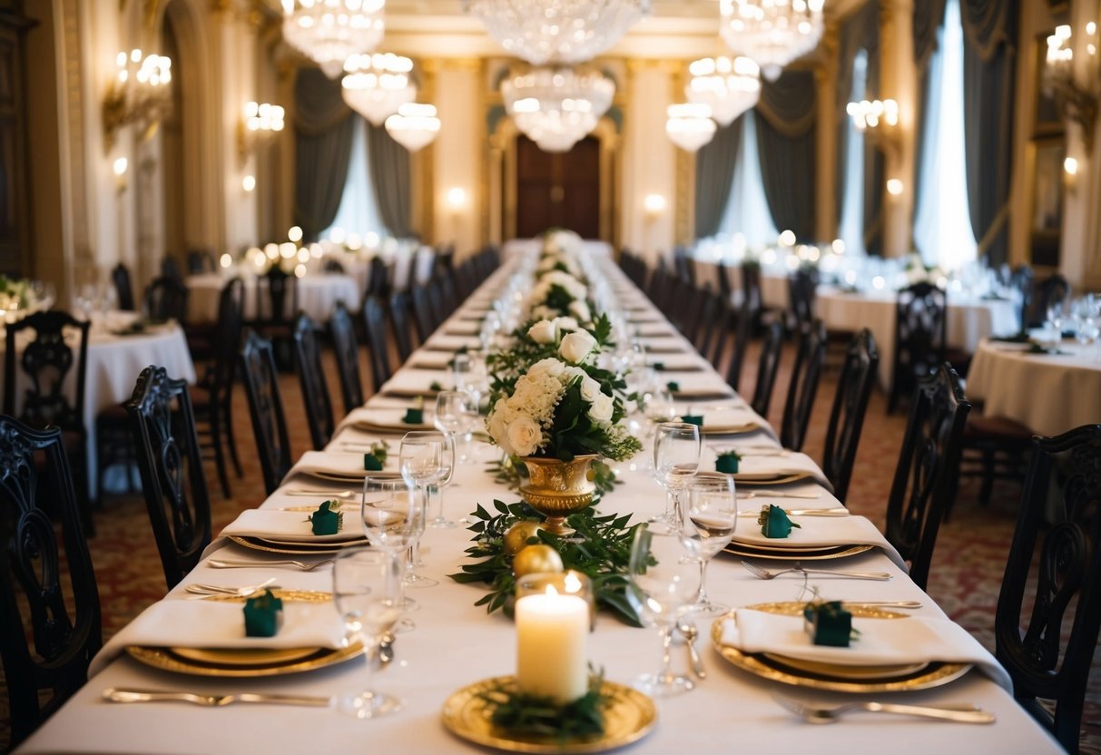A grand banquet with a long table, ornate chairs, and elaborate place settings