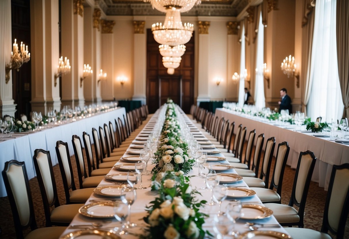 A grand banquet hall with a long, ornate table at the center. Elegant chairs line the sides, with place settings and fine china arranged meticulously