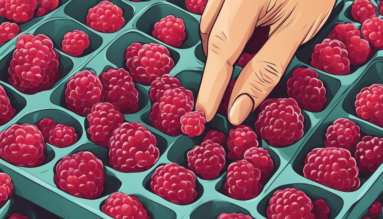 A hand selecting raspberries, examining for mold