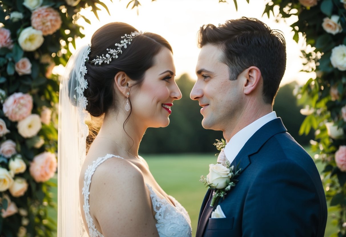 The bride and groom face each other beneath a floral arch