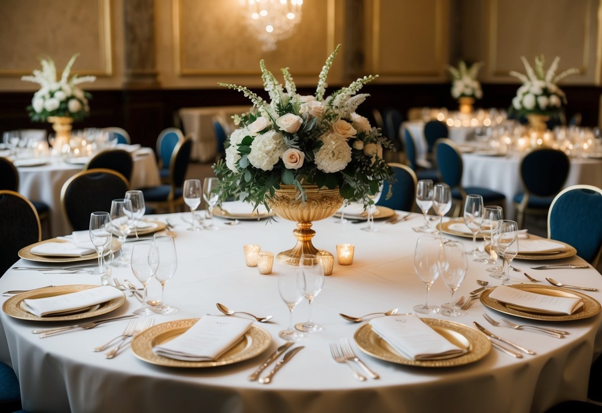 A grand banquet table set with ornate place settings and elegant centerpieces, positioned at the head of the room