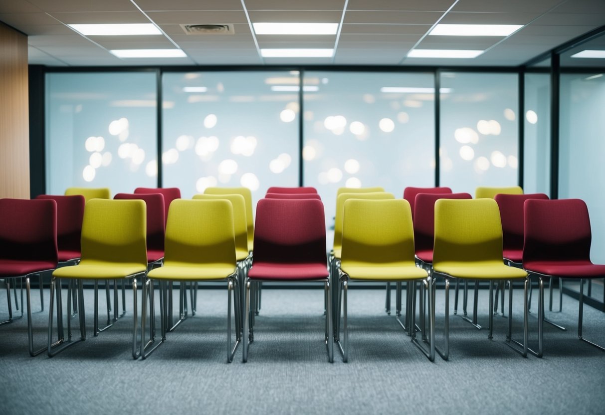 A group of chairs arranged in a neat and orderly fashion, with each chair facing towards a central point, creating a sense of organization and respect for personal space