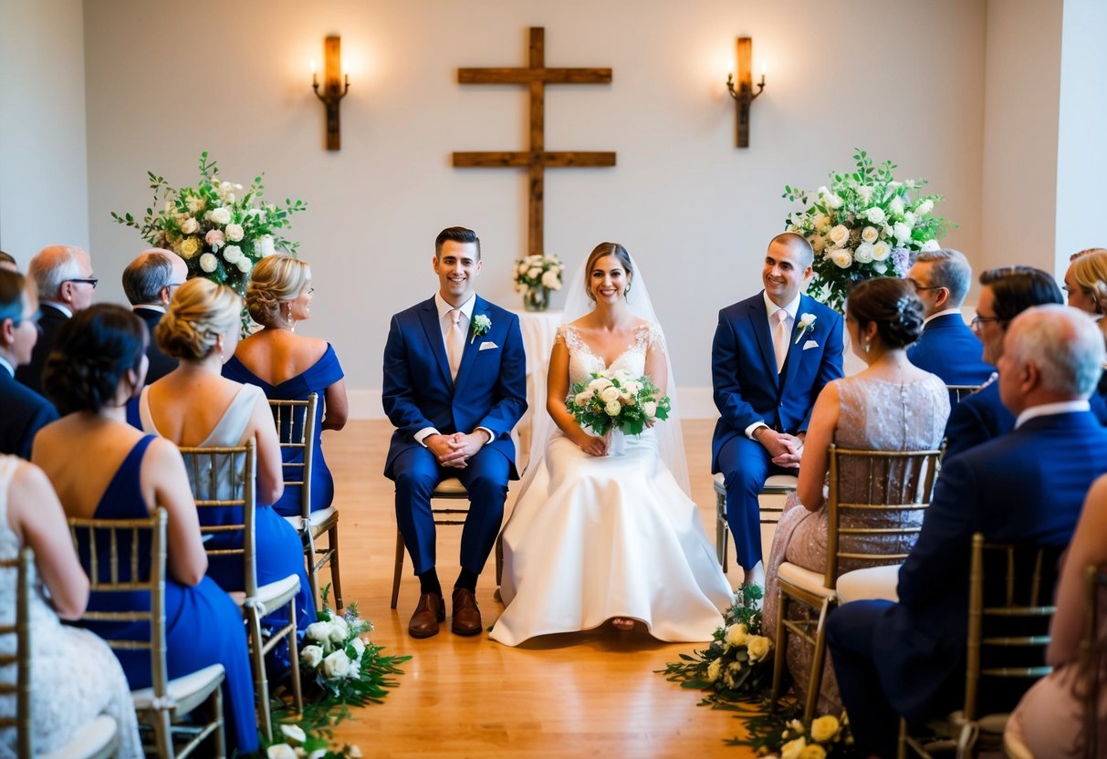The bride and groom sit at the front of the ceremony space, with designated seating for their families and close friends nearby