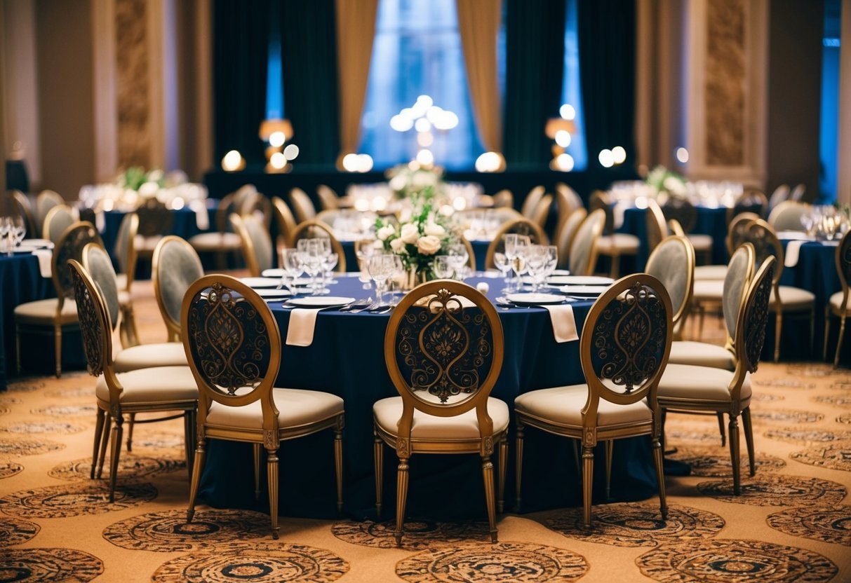 A grand banquet table with ornate chairs, a prominent central position, and elegant place settings
