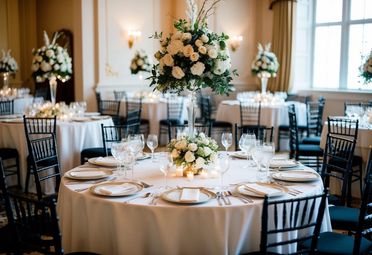 A grand table set with elegant place settings and ornate centerpieces, surrounded by high-backed chairs