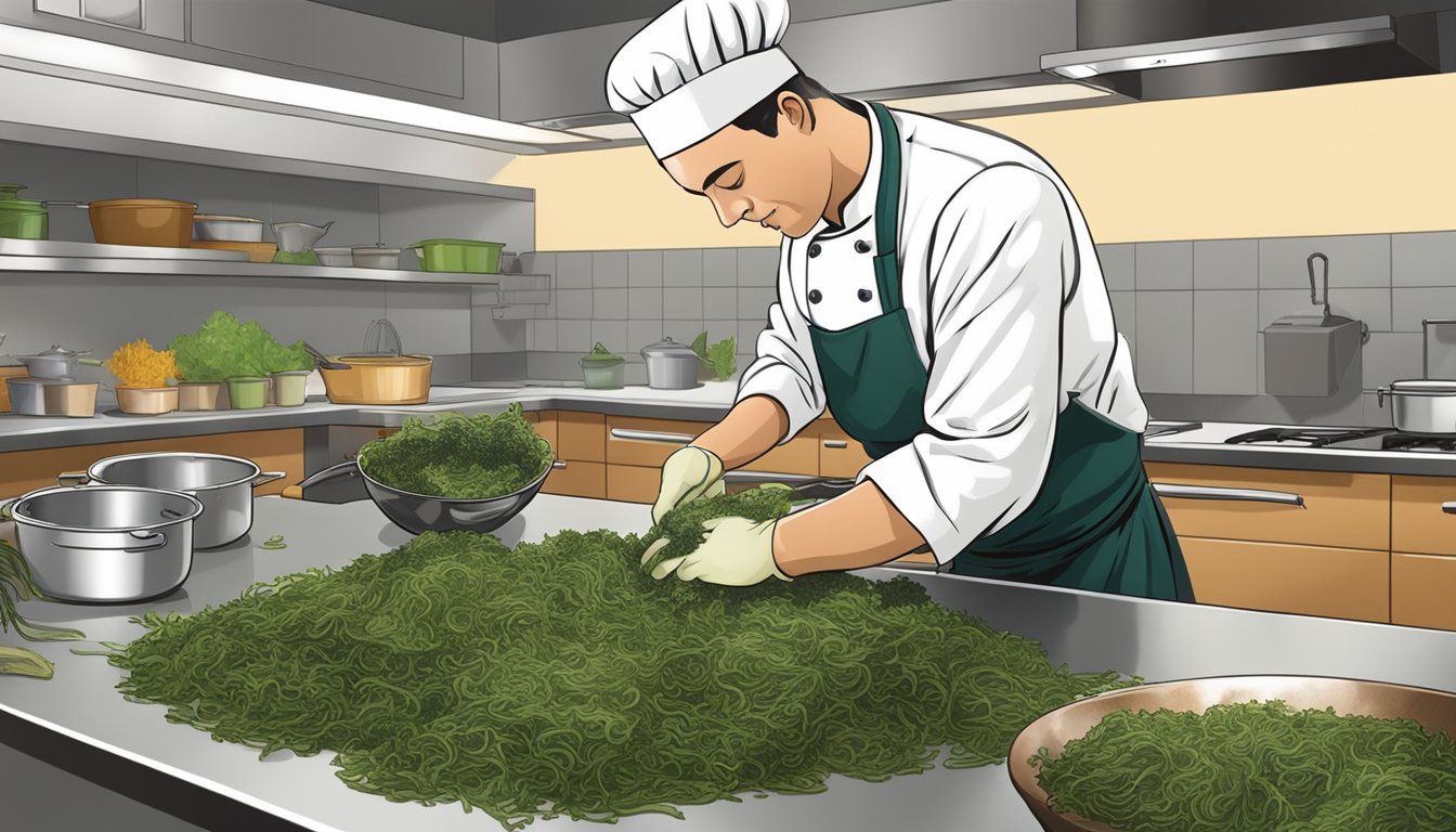 A chef using various types of seaweed to create dishes in a professional kitchen