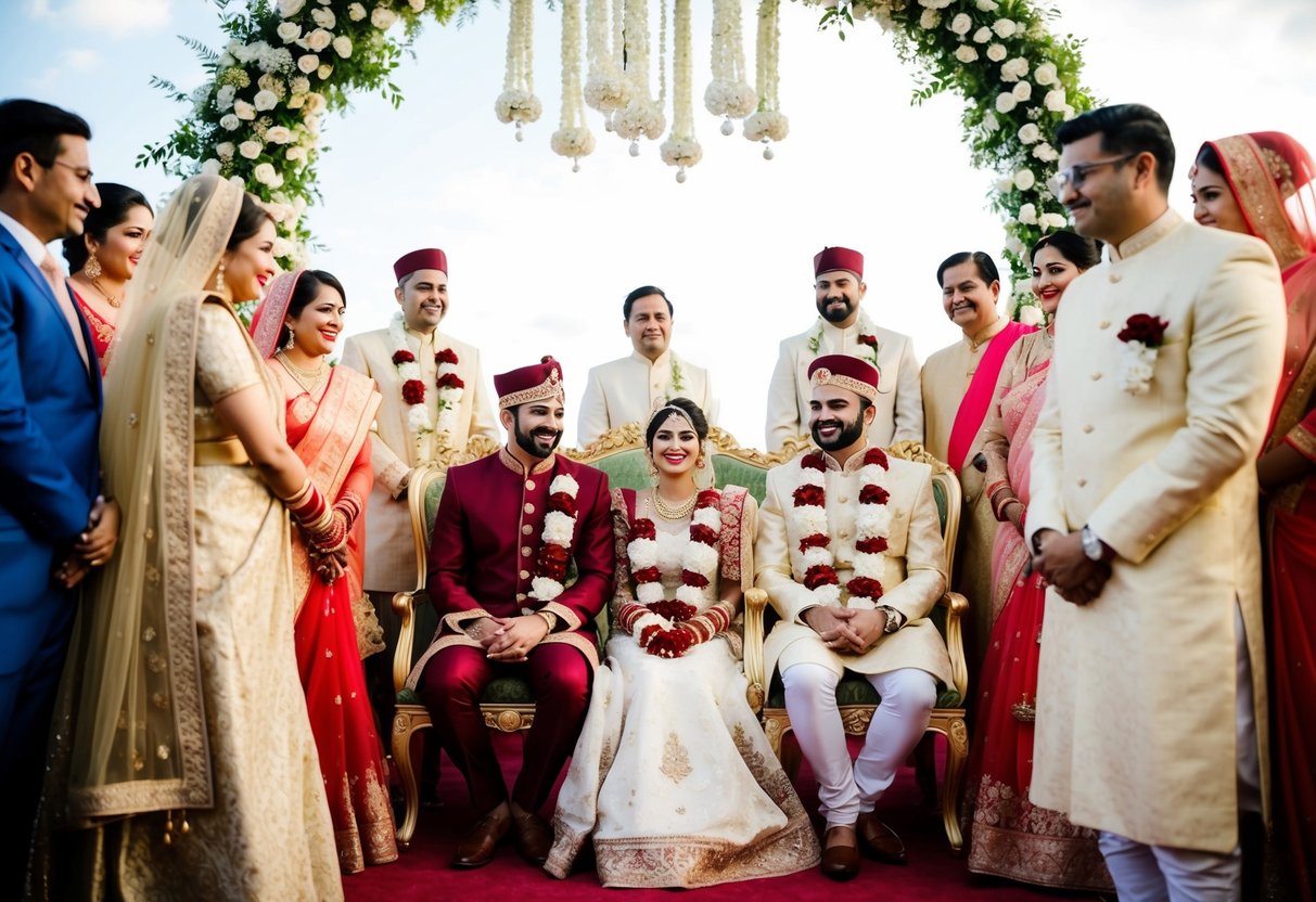 The bride and groom sit on ornate chairs beneath a decorative arch, surrounded by loved ones in traditional attire