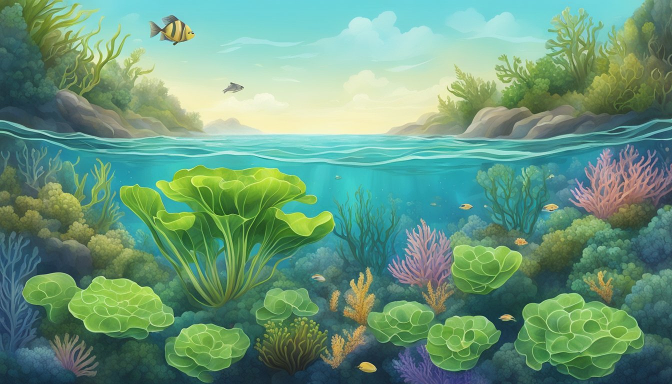 A clear illustration of sea lettuce floating in the ocean, surrounded by other marine plants and sea creatures