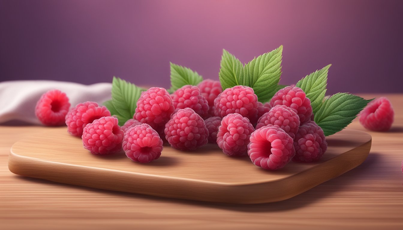 A cluster of moldy raspberries sits on a wooden cutting board next to a pile of fresh, unblemished raspberries