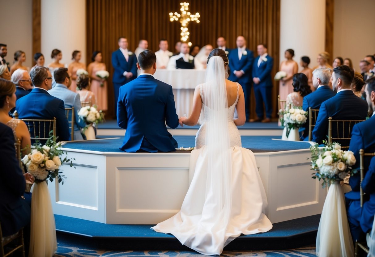 The bride and groom sit on a raised platform at the front of the room, facing the officiant and the guests