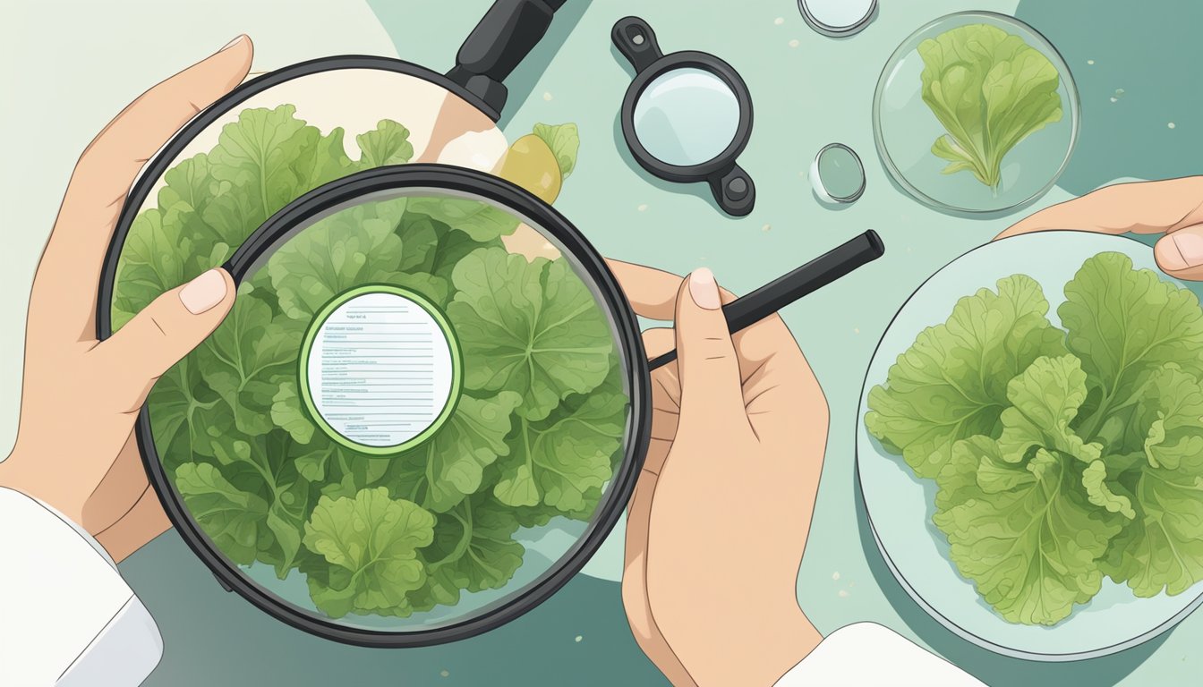 A person holding a piece of sea lettuce, surrounded by various nutritional information labels and a magnifying glass for close inspection