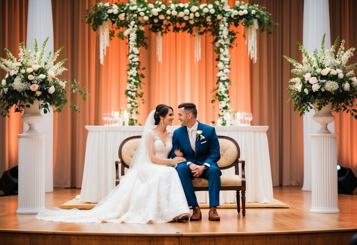 The bride and groom sit together on a beautifully decorated stage during the ceremony