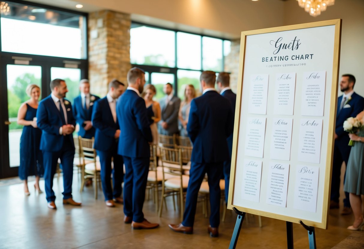 Guests find their seats with the help of a seating chart or escort cards displayed at the entrance of the wedding venue