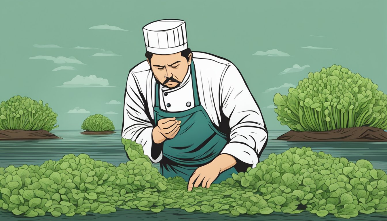 A chef inspecting sea lettuce with a concerned expression