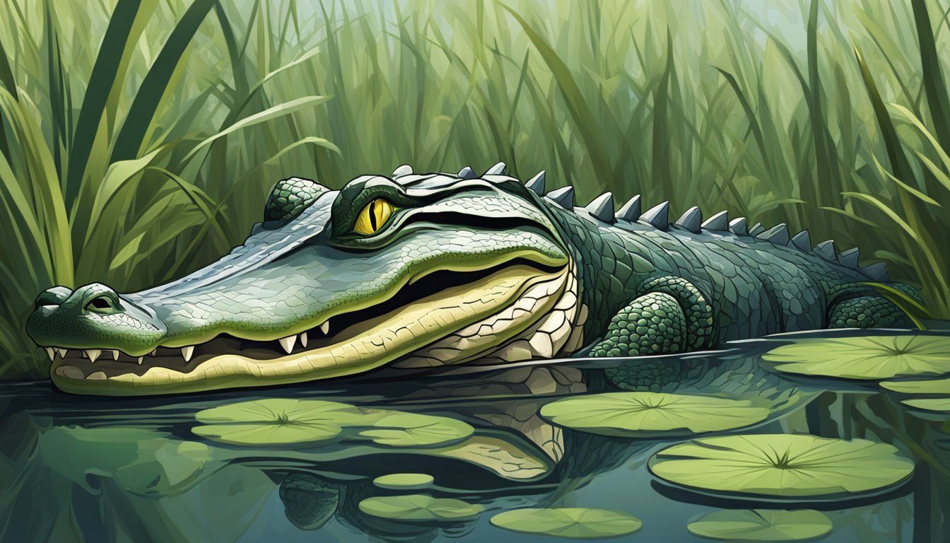 An alligator resting in a swamp, surrounded by tall grass and lily pads. Its jaws are slightly open, revealing sharp teeth